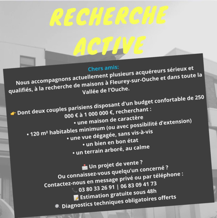 Recherche active maisons à Fleurey-sur-Ouche et ses alentours 