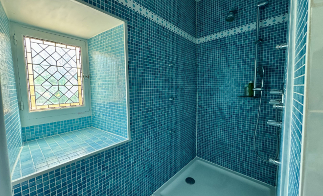 Salle de douche vitrail Le Castel – Demeure de caractère du XVᵉ siècle à Fleurey-sur-Ouche agence ARYA IMMOBILIER estimation gratuite de maison, appartement, terrain, immeuble accompagnement pour votre achat et votre vente immobilière 3 grande rue du Haut à Fleurey-Sur-Ouche 