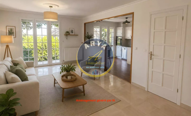Maison de plain-pied lumineuse et au calme d'une impasse, cinq chambres, sous-sol complet, garage double, beau terrain, ARYA Immobilier, estimation gratuite sous 48h